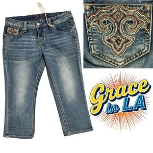 Grace in LA low rise jean capris with embroidery and crystal embellishments